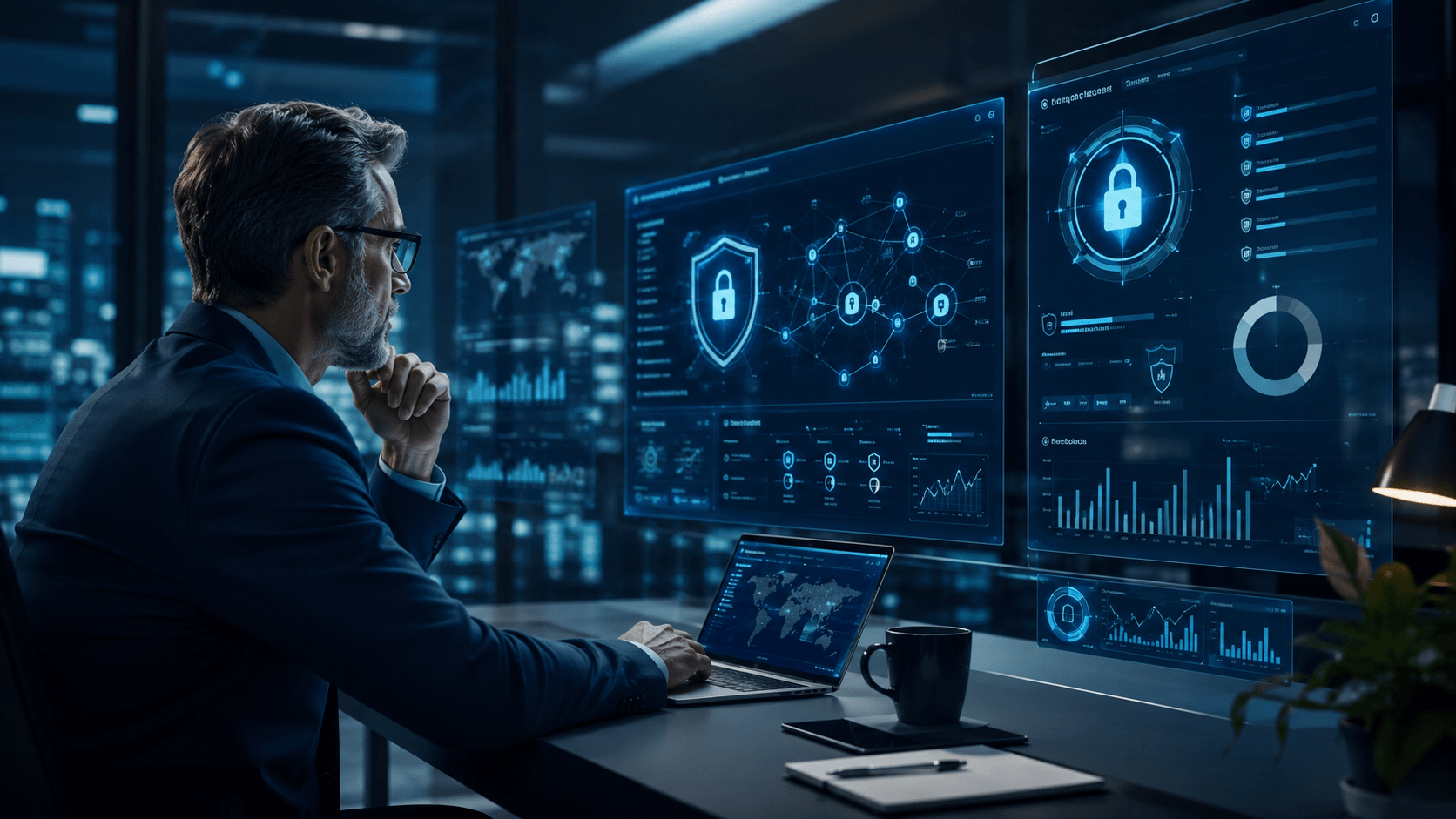 Responsable de ciberseguridad supervisando indicadores de seguridad y protección digital